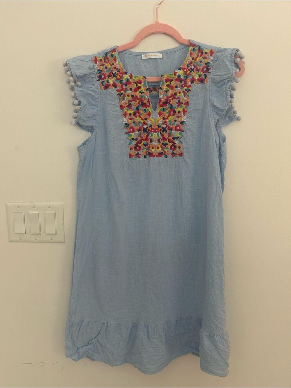 Kirundo Women’s Large Blue Embroidered Boho Shift Dress Pom Pom Sleeve